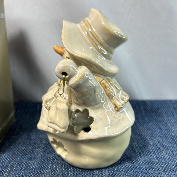 Christmas Snowman Tee Light Collectible Glazed Pottery Votive Holder Holiday Box - Picture 3 of 11